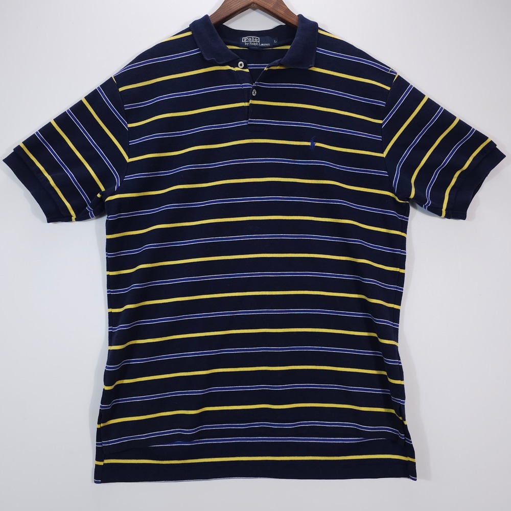 Polo Ralph Lauren Polo Shirt Mens L Navy Blue Yellow Striped Preppy Pony Y2K